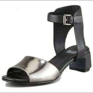 Eileen Fisher Catch Ankle Wrap Sandals 8 Pewter + Black Mirror Leather Shoes